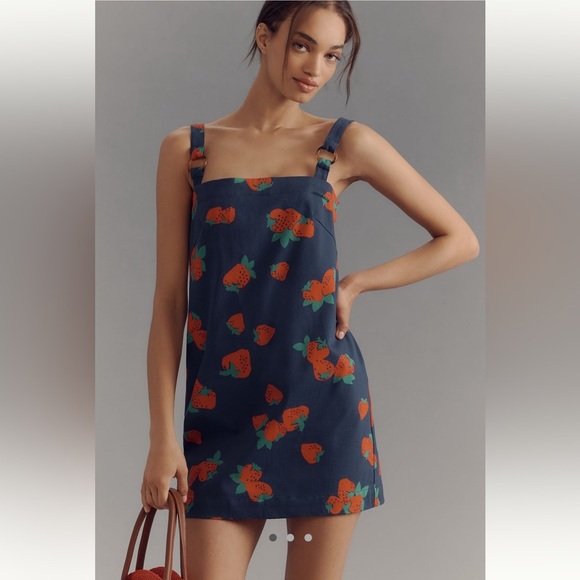NWT new medium Anthropologie Maeve square neck shift dress strawberry navy blue - Picture 1 of 17